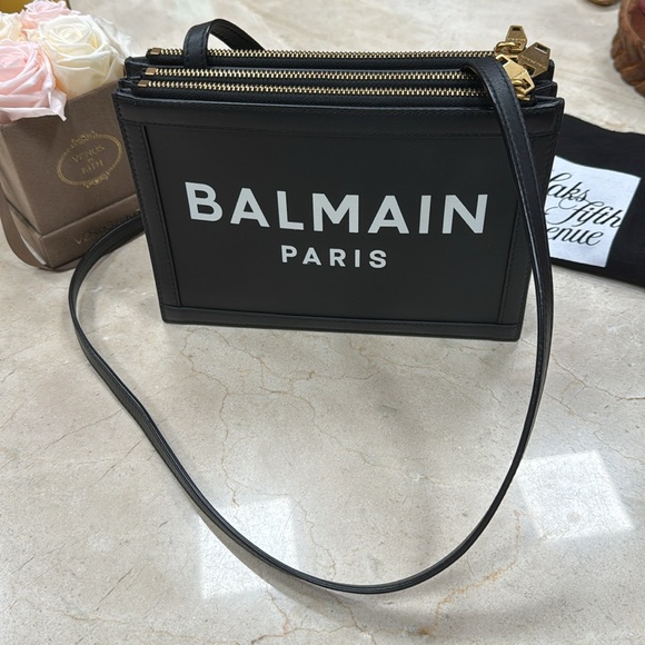 BALMAIN B-ARMY THREE COMPARTMENT BLACK LEATHER LOGO PRINT BAG CLUTCH CROSSBODY - Picture 3 of 16